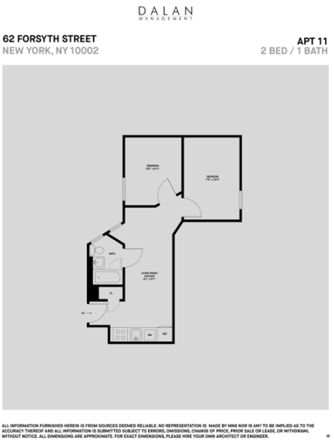 Floor plan for 2 beds, 1 bath, 322 sqft